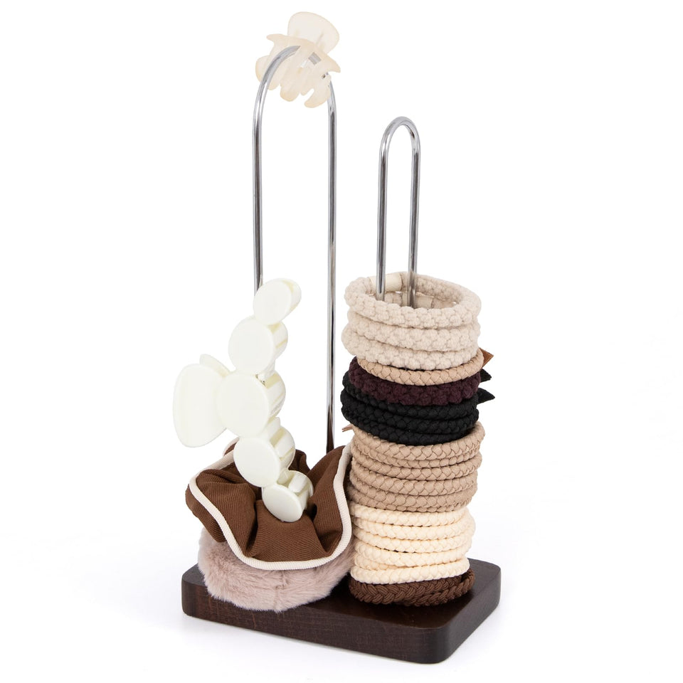 SCUNDA front view walnut scrunchie stand showing tidy storage benefit