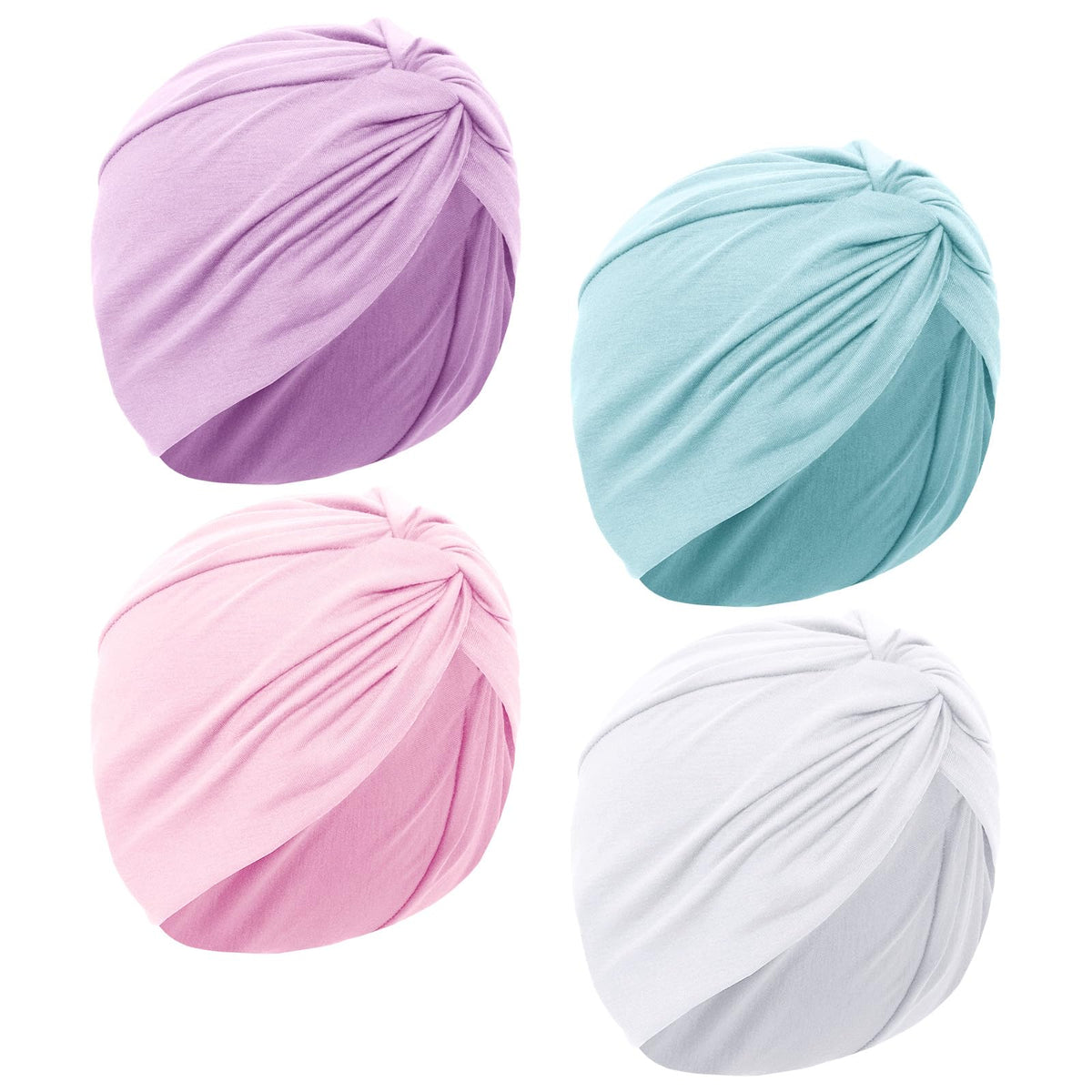 Sdfvsdg front view of four turbans showing neat pre-tied twist and coordinated colors for easy styling