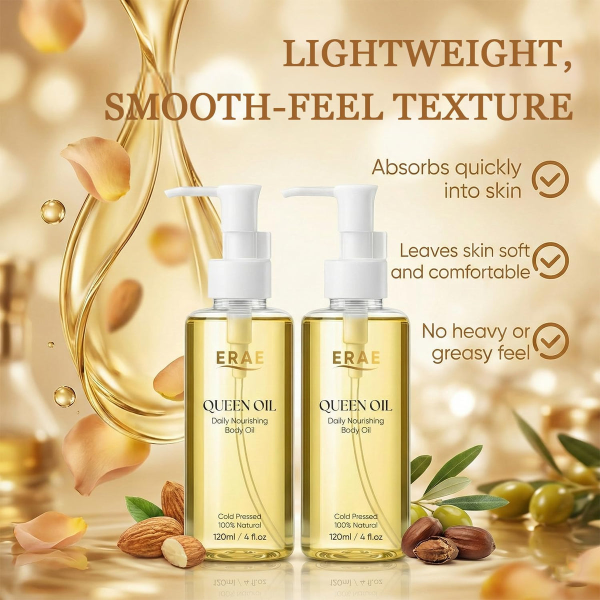 SDUQULK ERAE Queen Oil being applied to thigh showing smooth, non-greasy hydration