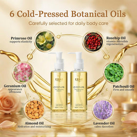SDUQULK ERAE Queen Oil label close-up highlighting cold-pressed botanical benefit