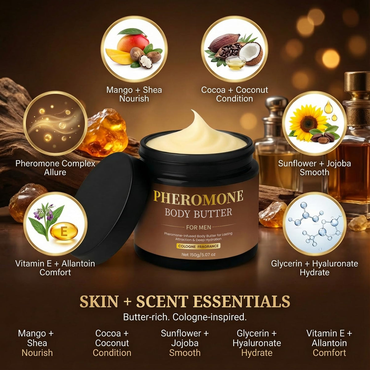 SDUQULK ingredient layout with shea and cocoa butters highlighting nourishing skin benefits
