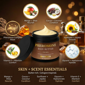 SDUQULK ingredient layout with shea and cocoa butters highlighting nourishing skin benefits