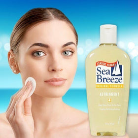 Seabreeze bottle on bathroom counter portraying routine-ready skincare convenience