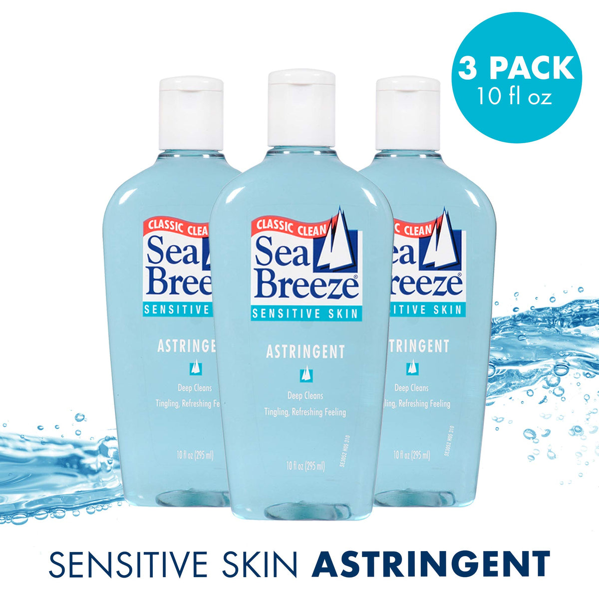 Seabreeze bottle close-up label highlighting sensitive skin formula and ingredient clarity