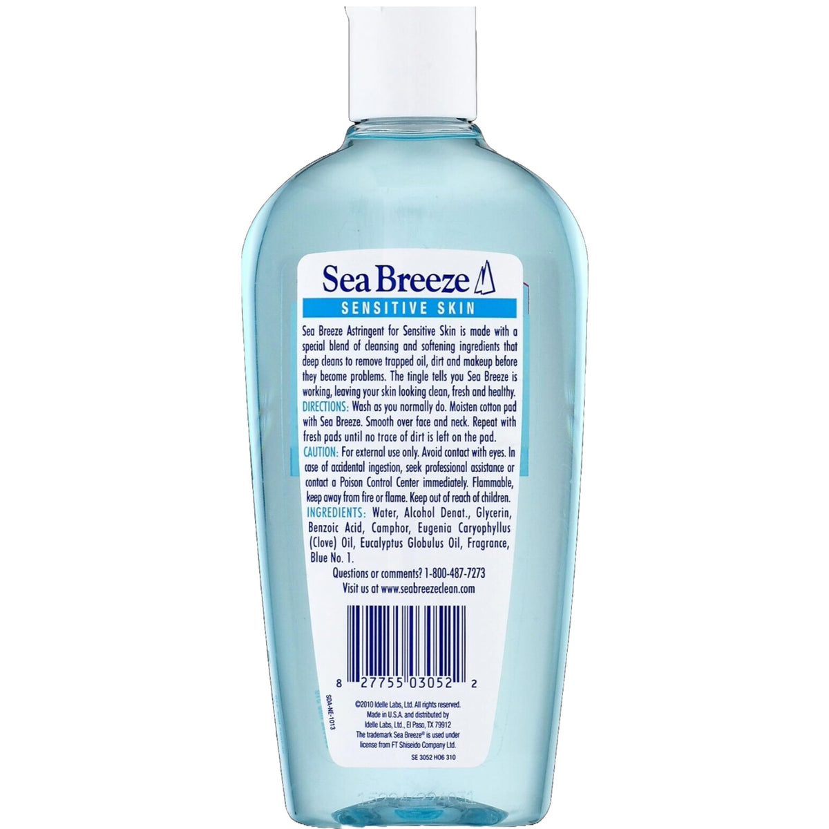 Seabreeze label close-up highlighting sensitive-skin formula and calming features