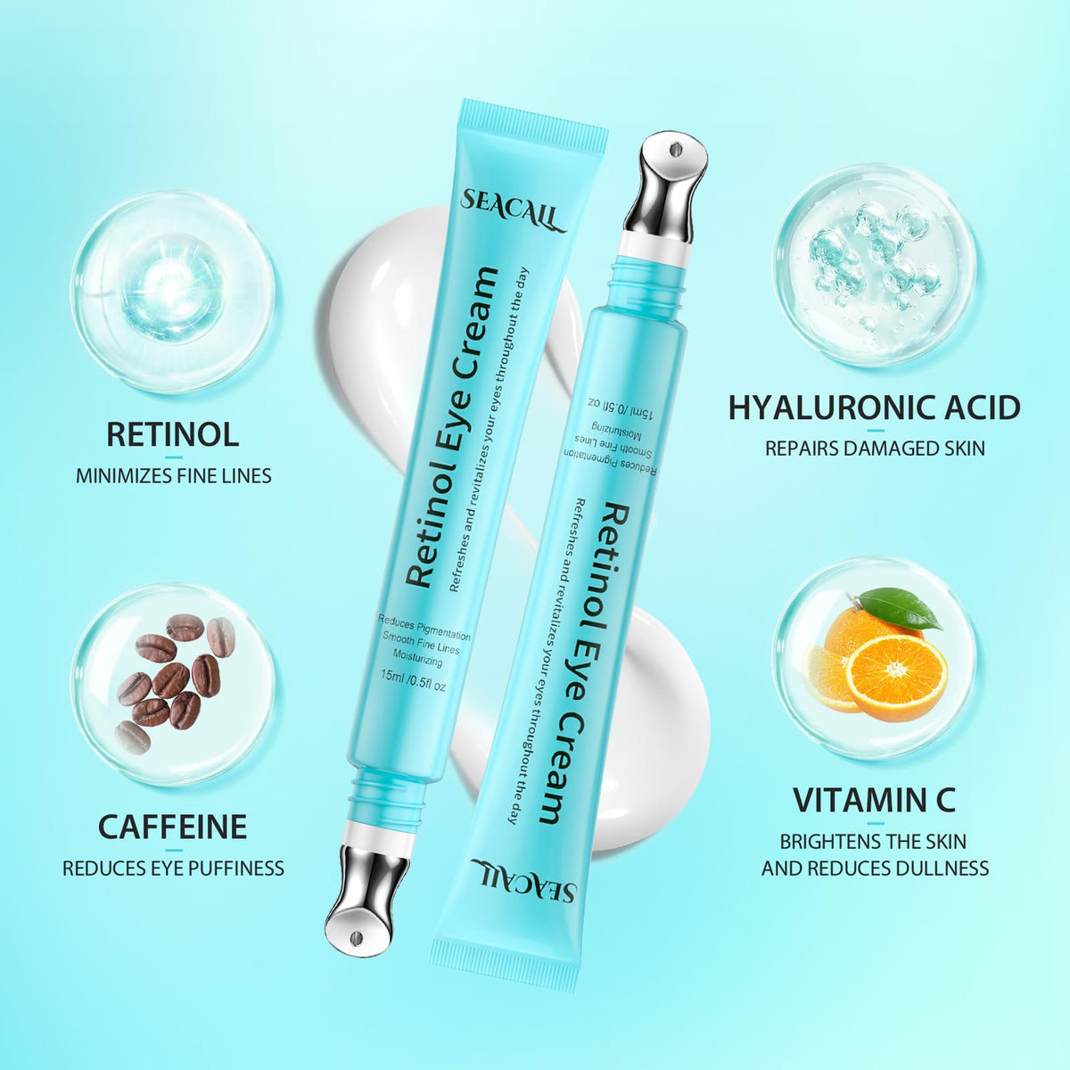 Seacall applied around eye in lifestyle setting for brightening and depuffing