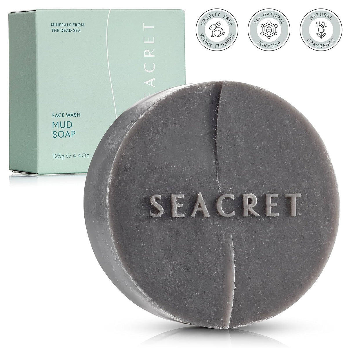 SEACRET soap next to a ruler depicting actual size for purchase confidence