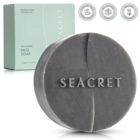 SEACRET soap next to a ruler depicting actual size for purchase confidence