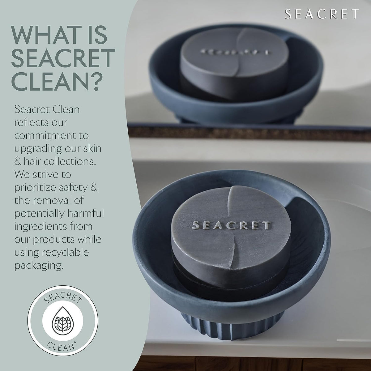 SEACRET soap displayed with Dead Sea minerals in a spa-like setting