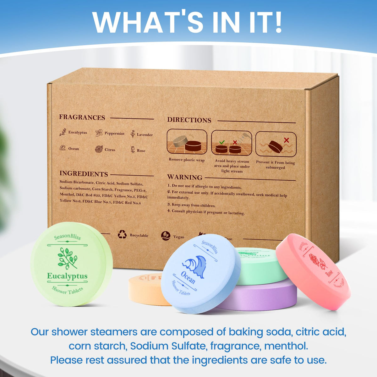 SeasonBliss tablet texture detail emphasizing water-soluble formula and gentle fizz