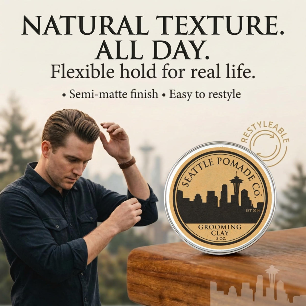 Seattle Pomade Co. clay on fingers demonstrating easy warming and application benefit