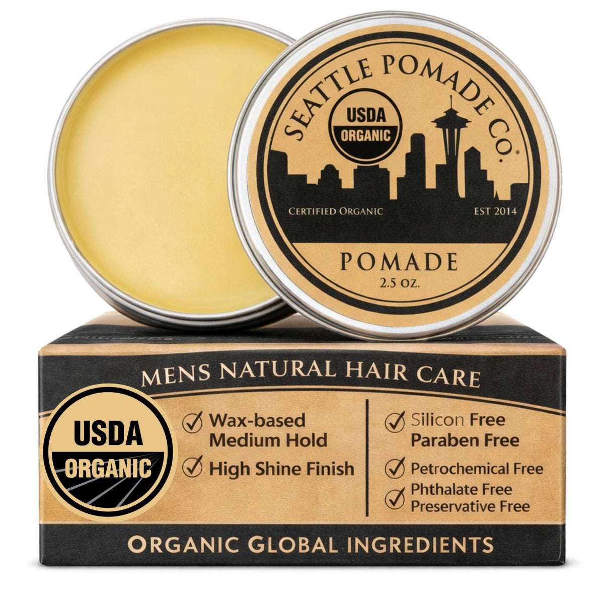 SEATTLE POMADE CO. front jar view showing label and organic certification benefit