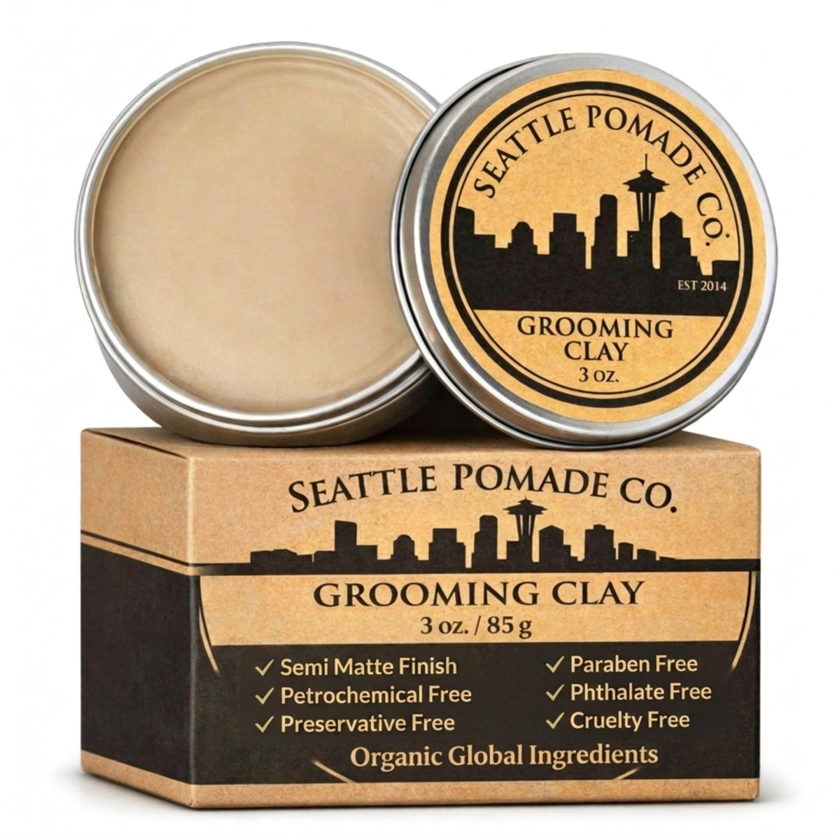 Seattle Pomade Co. front tin showing brand and neat packaging benefit