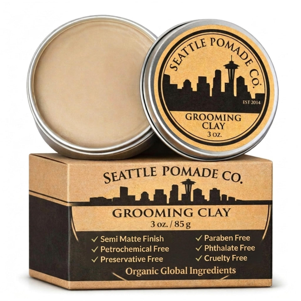 Seattle Pomade Co. front tin showing brand and neat packaging benefit