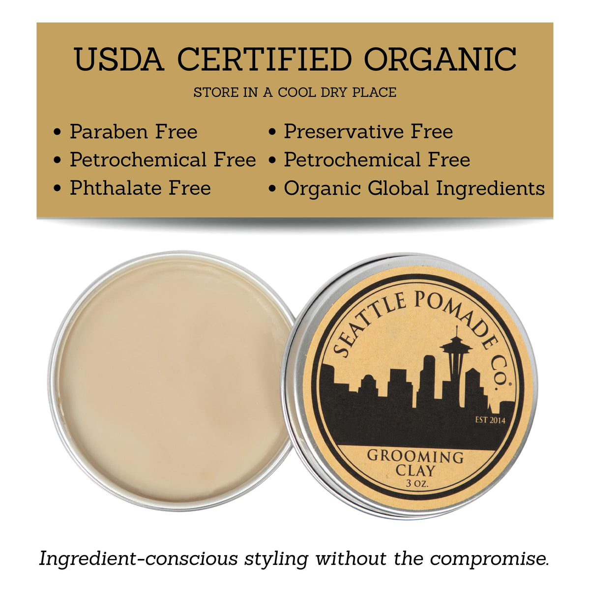 Seattle Pomade Co. label and ingredients showcasing organic certification benefit
