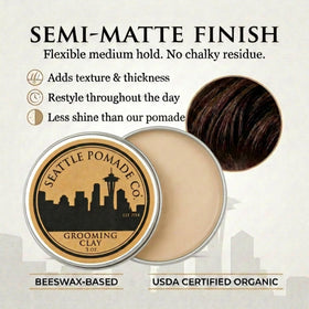 Seattle Pomade Co. open clay texture highlighting creamy beeswax hold benefit
