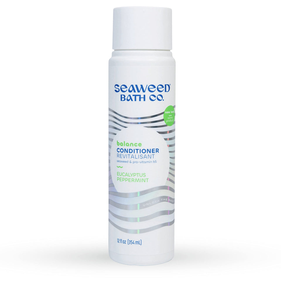 Seaweed Bath Co. front bottle view showing eucalyptus peppermint scent and benefit of balanced hydration