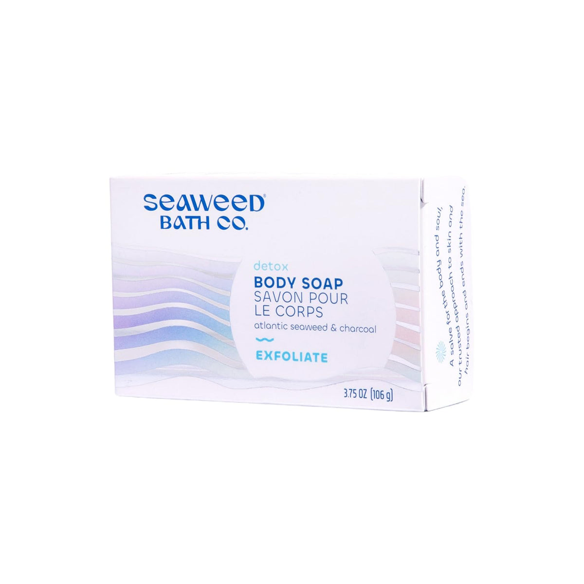 Seaweed Bath Co. front packaging showing bar and size 3.75 oz, clear branding benefit
