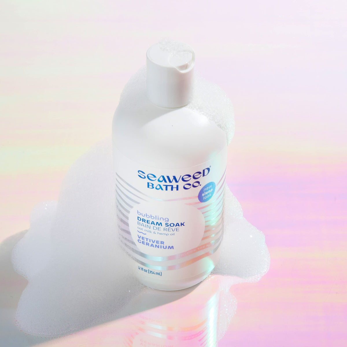 The Seaweed Bath Co. bottle in a bathroom setting showing relaxation ritual and calming benefit
