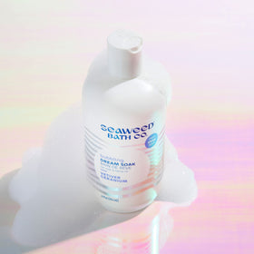 The Seaweed Bath Co. bottle in a bathroom setting showing relaxation ritual and calming benefit