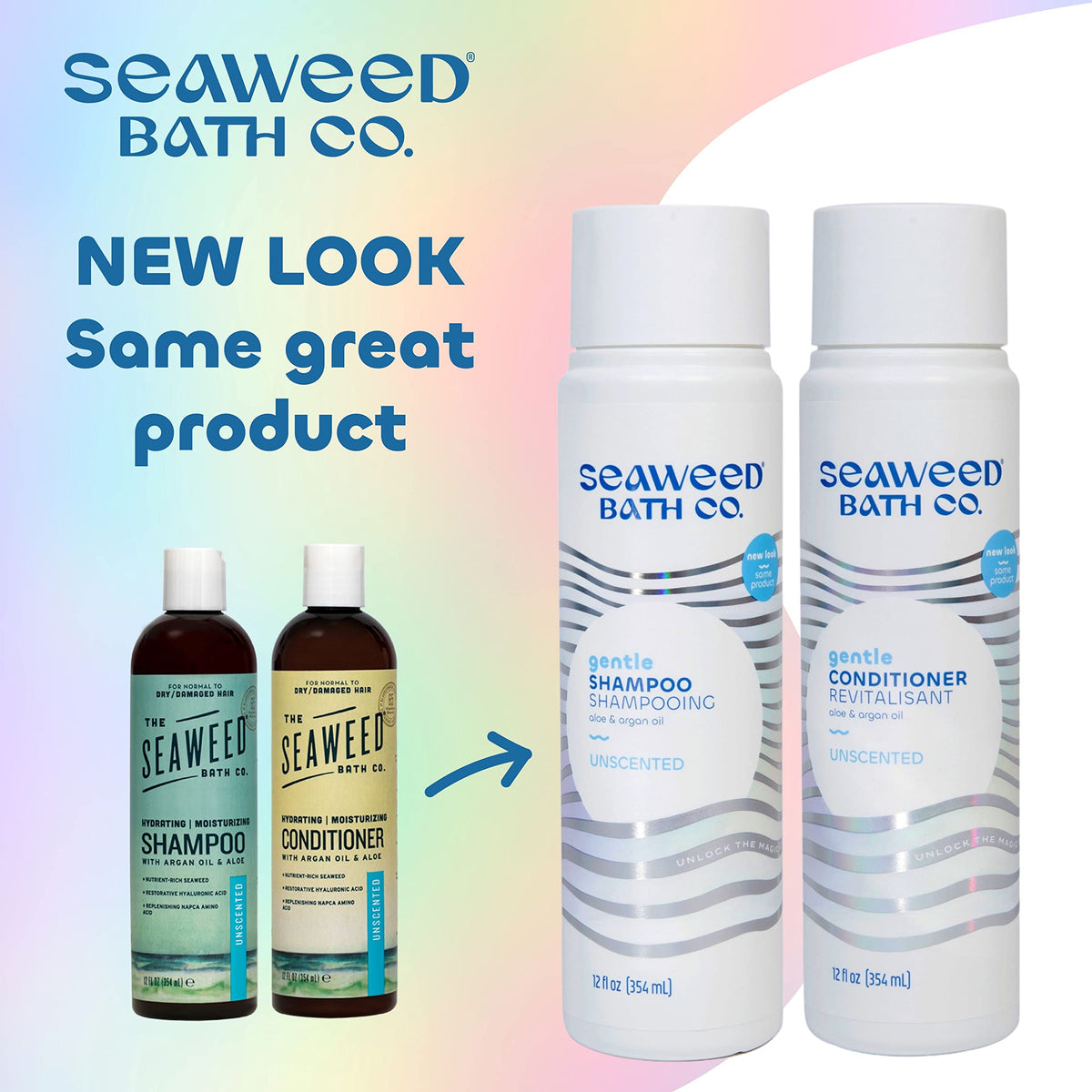Seaweed Bath Co. bottle close-up label showing unscented formula and ingredient clarity