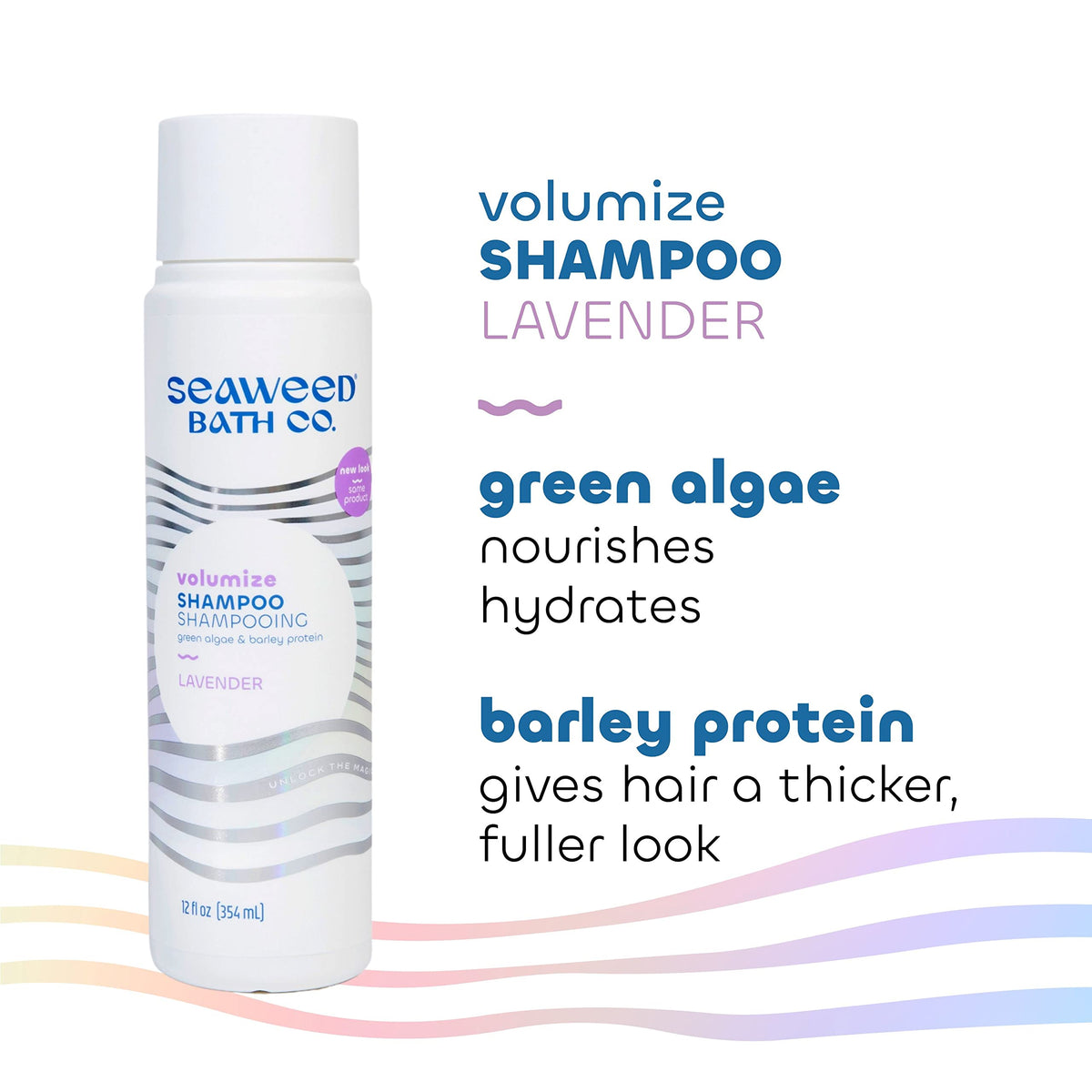 Seaweed Bath Co. bottle next to hand showing 12 ounce scale