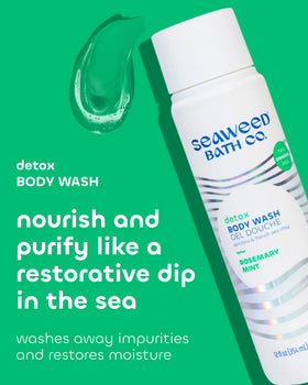 Seaweed Bath Co. bottle side close-up showing texture and ingredient callouts for clarity