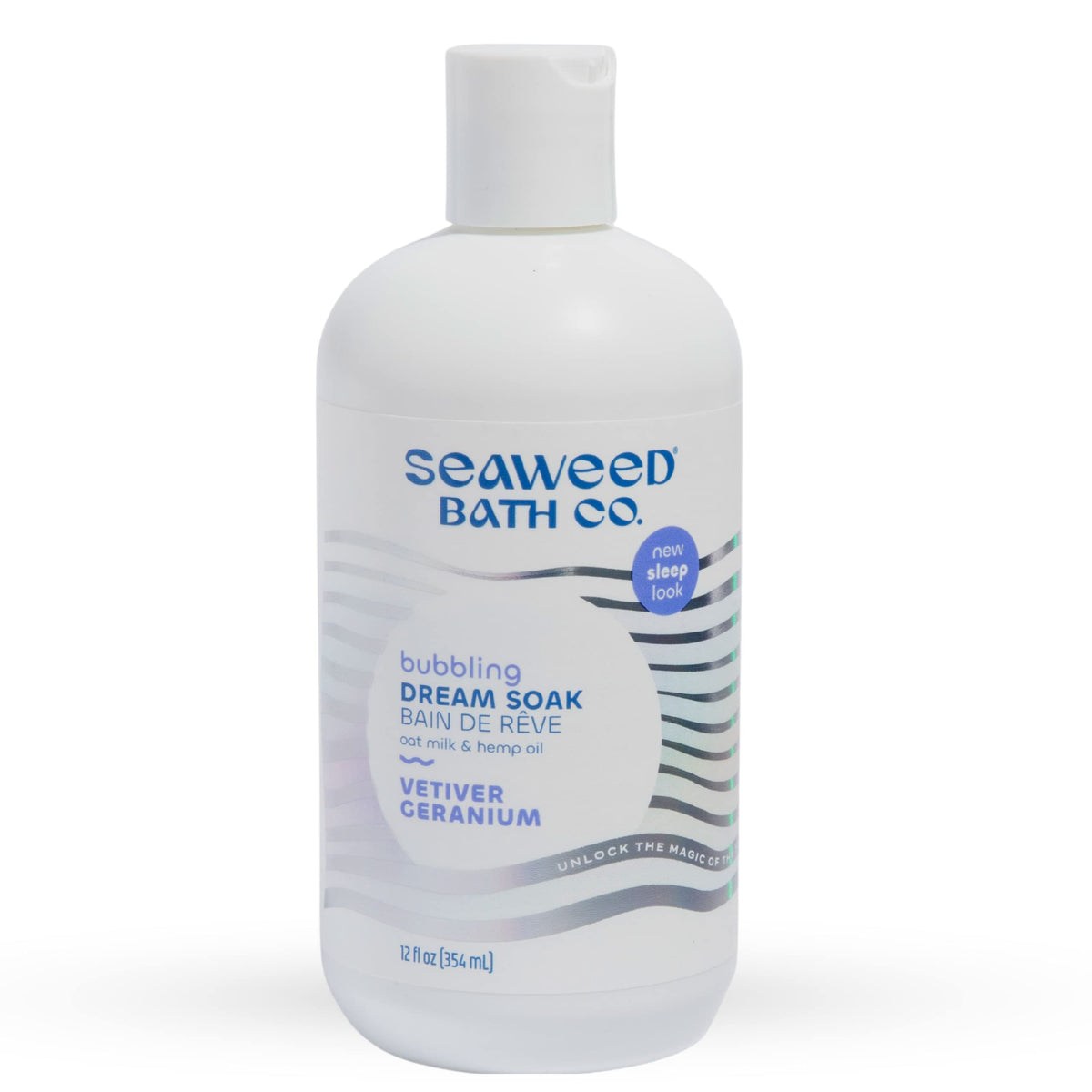 The Seaweed Bath Co. front bottle showing label and vetiver geranium scent benefits