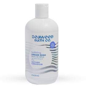 The Seaweed Bath Co. front bottle showing label and vetiver geranium scent benefits