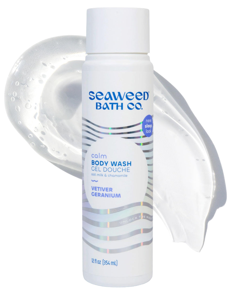 Seaweed Bath Co calm body wash front label showing vetiver geranium scent and benefits