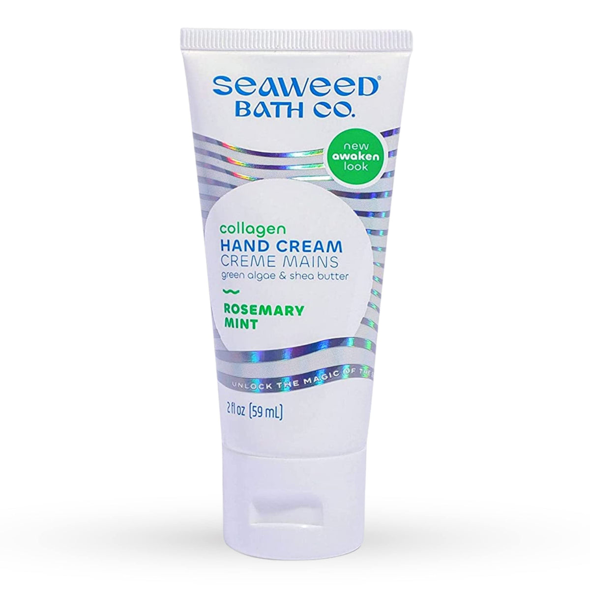 The Seaweed Bath Co. front tube view showing rosemary mint scent and 2 oz size for portability
