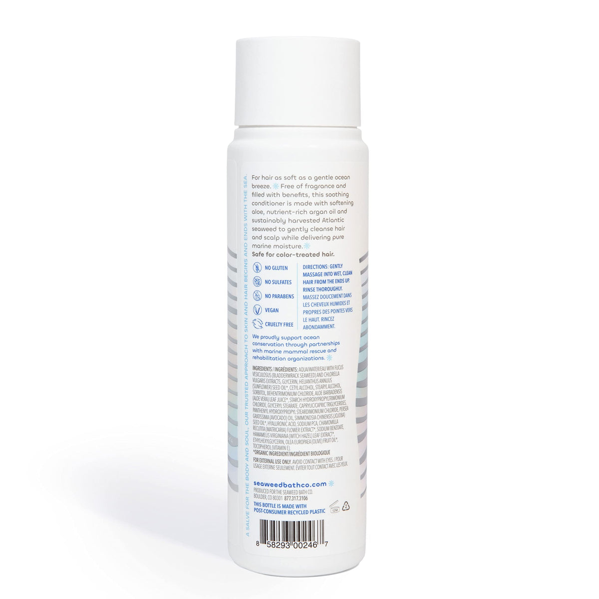 Seaweed Bath Co. recycled-plastic bottle close-up highlighting sustainable packaging