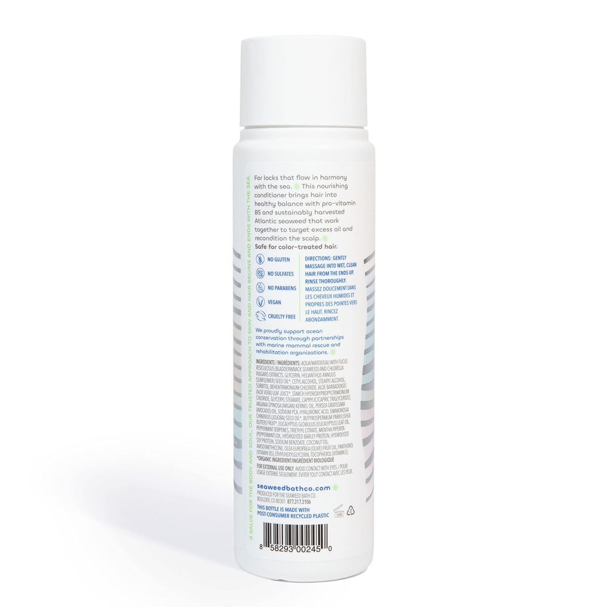 Seaweed Bath Co. conditioner staged on bathroom shelf showing sustainable packaging and eco benefit