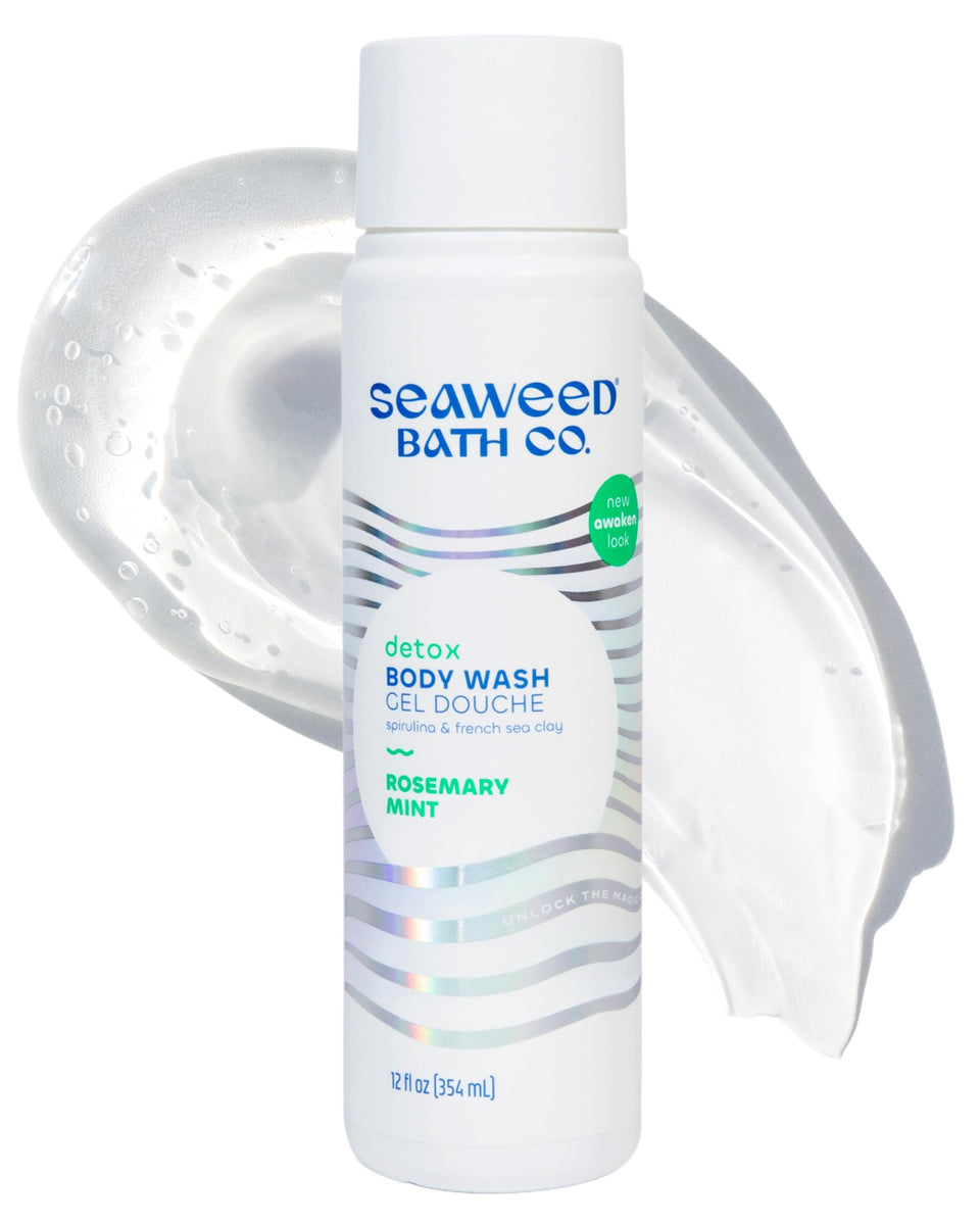 Seaweed Bath Co. bottle front label showing product name and rosemary mint scent benefits