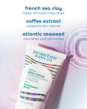 Seaweed Bath Co. product in hand being applied to skin, illustrating gentle exfoliation