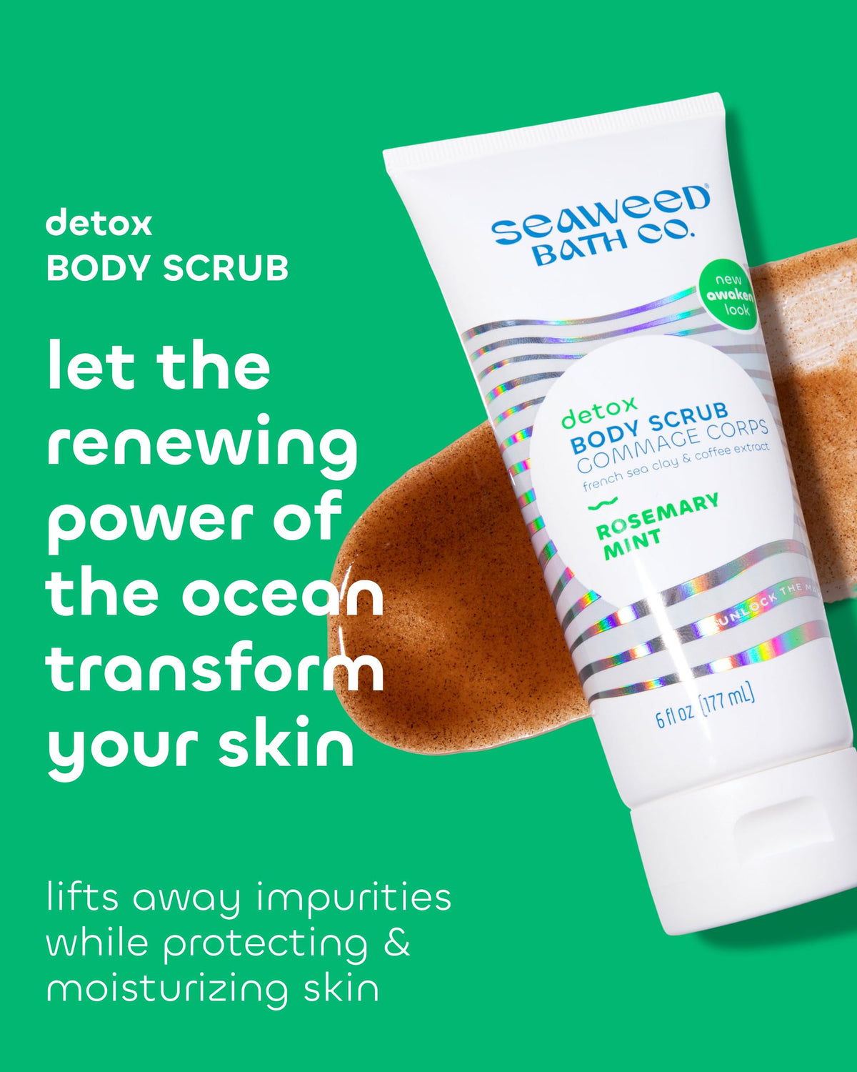 Seaweed Bath Co. tube label close-up highlighting rosemary mint and detox benefits