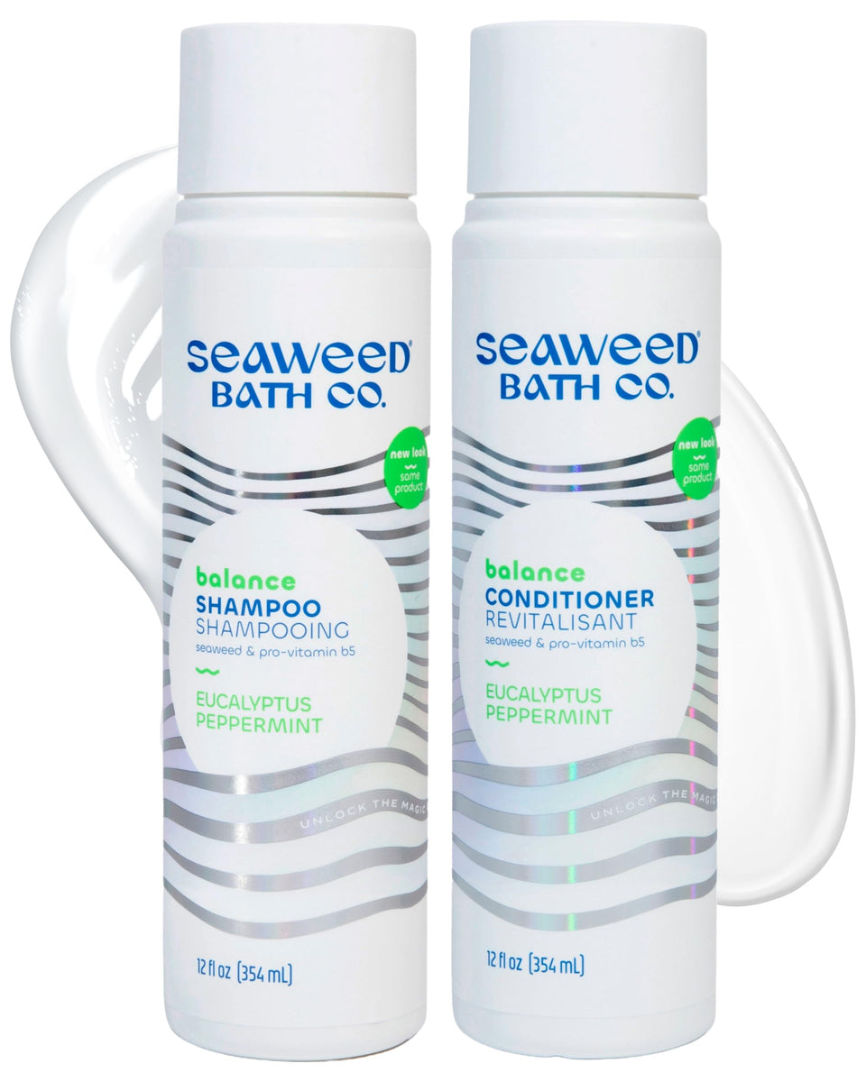 The Seaweed Bath Co. front packaging showing eucalyptus peppermint scent and benefits