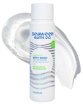 Seaweed Bath Co. front bottle of eucalyptus peppermint body wash showing label and benefits