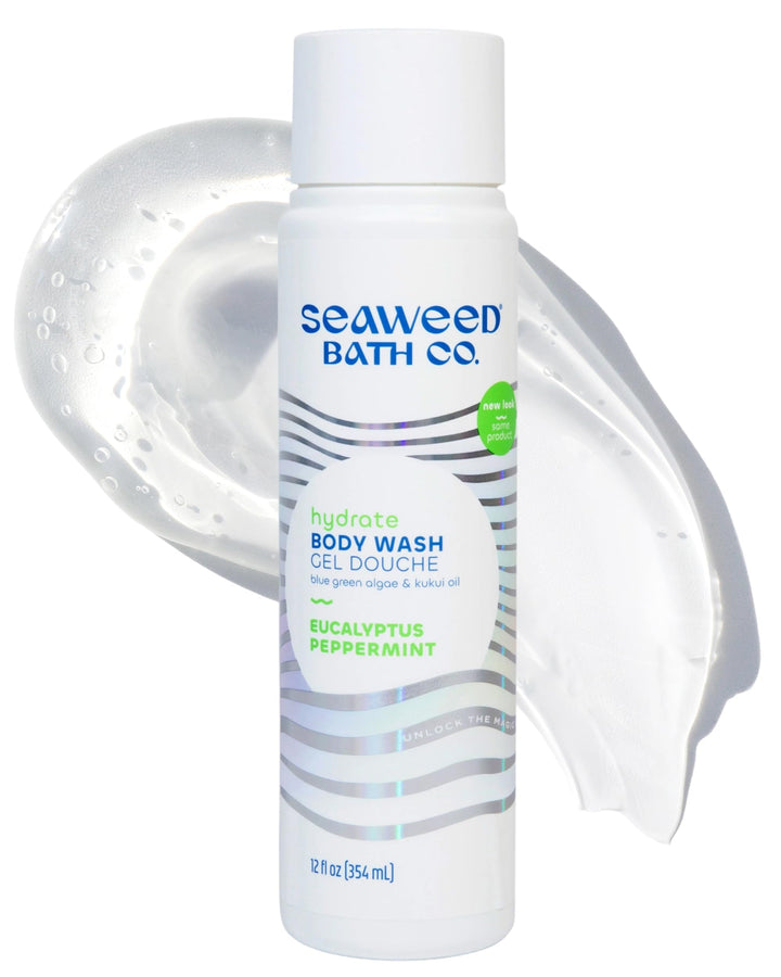 Seaweed Bath Co. front bottle of eucalyptus peppermint body wash showing label and benefits