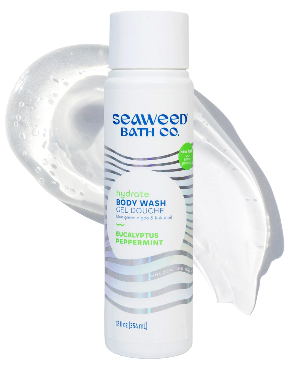 Seaweed Bath Co. front bottle of eucalyptus peppermint body wash showing label and benefits