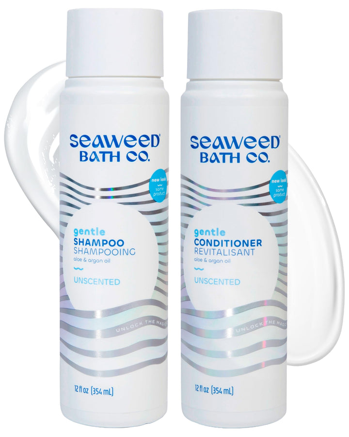 Seaweed Bath Co. front packaging of shampoo and conditioner, gentle cleansing benefit