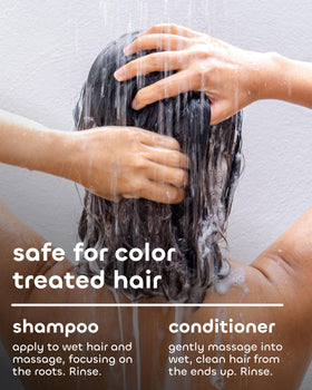 The Seaweed Bath Co. bottles in use on wet hair demonstrating oil-balancing action