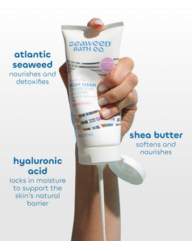 Seaweed Bath Co. lavender botanicals near bottle highlighting calming scent