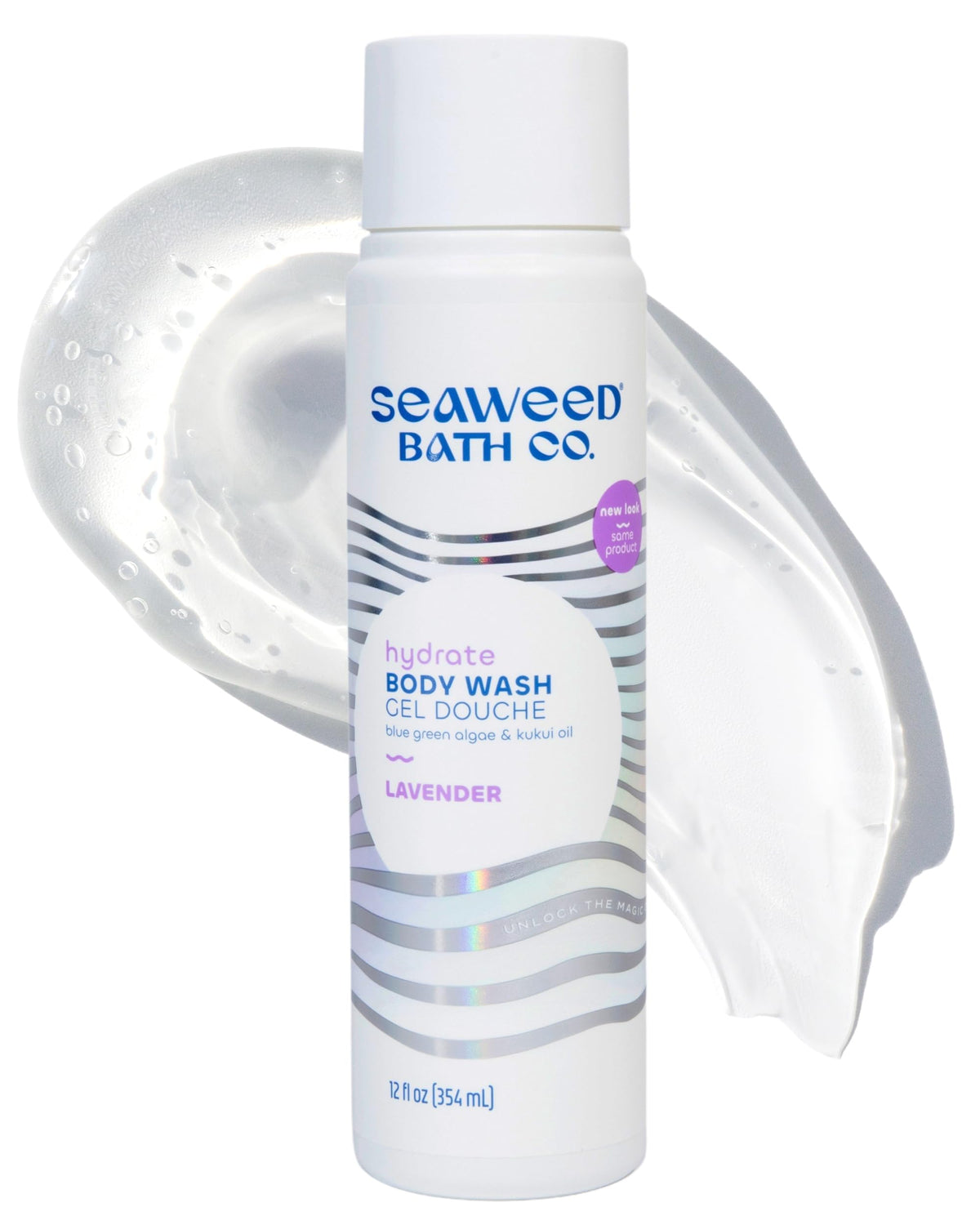 Seaweed Bath Co. front packaging showing lavender bottle and branding, promotes hydration