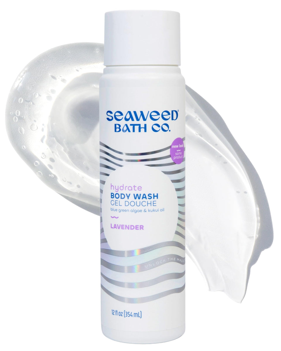 Seaweed Bath Co. front packaging showing lavender bottle and branding, promotes hydration
