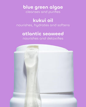Seaweed Bath Co. seaweed, blue-green algae and kukui oil ingredients displayed, emphasizes nourishment