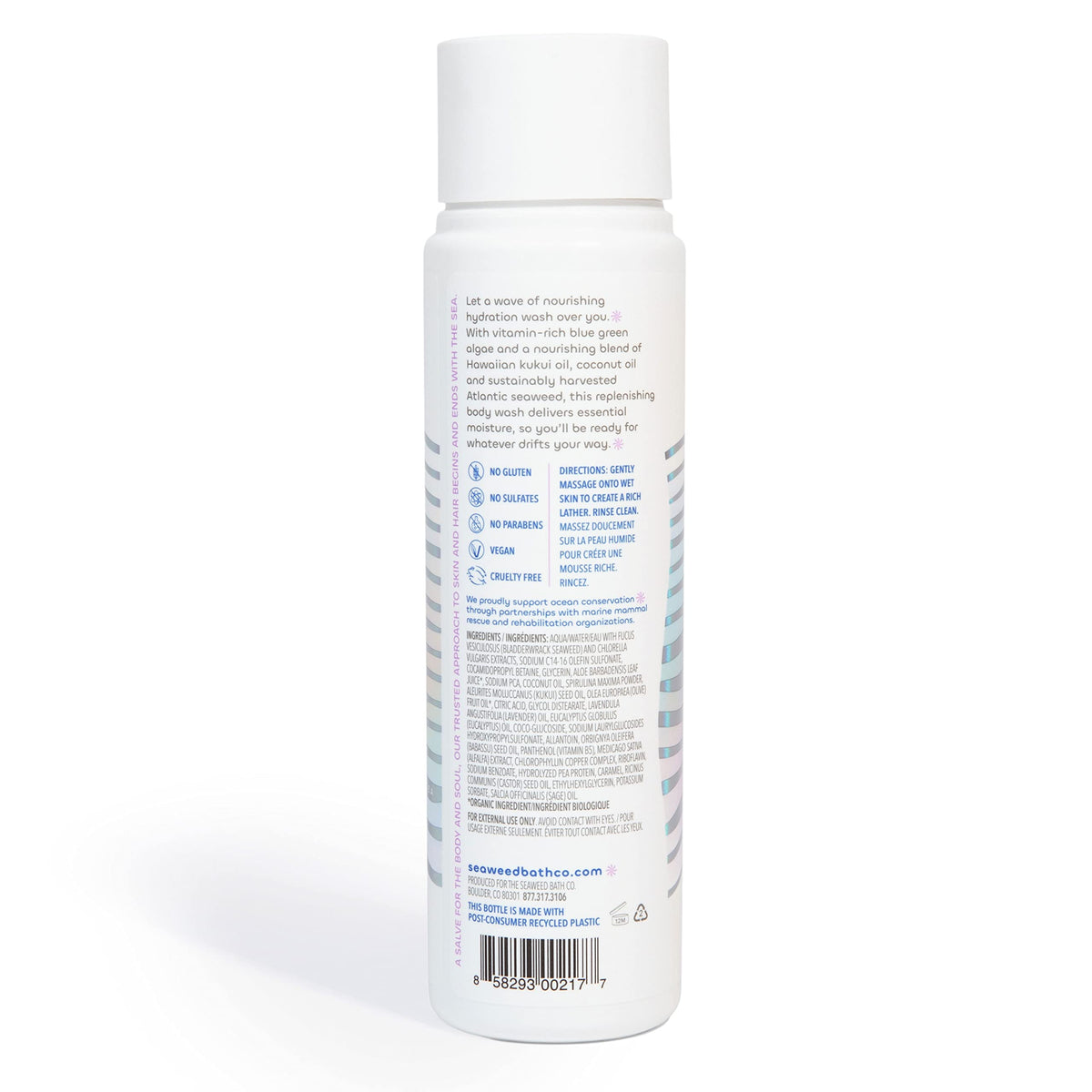 Seaweed Bath Co. bottle on bathroom shelf with towel, evoking everyday self-care and relaxation