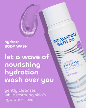 Seaweed Bath Co. pump and label closeup highlighting ingredients and sustainable packaging benefits