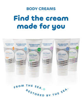 Seaweed Bath Co. cream on bathroom vanity in lifestyle setting showing daily use benefit
