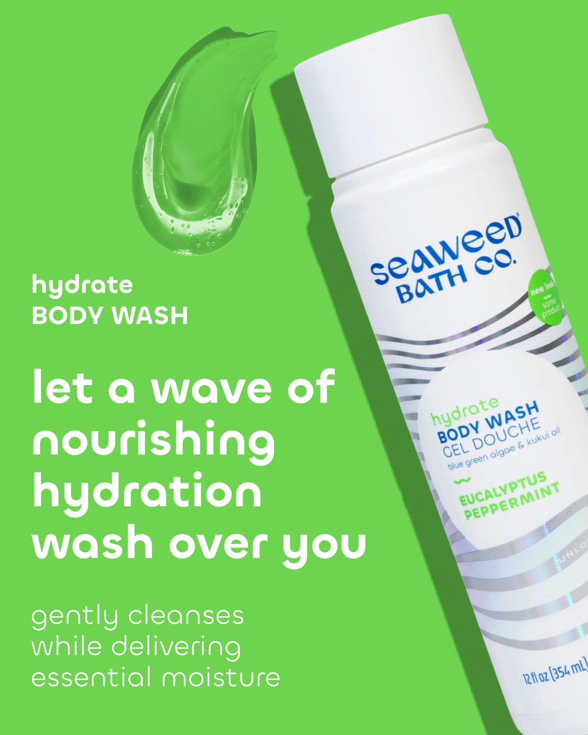 Seaweed Bath Co. bottle pump and label close-up highlighting natural ingredients